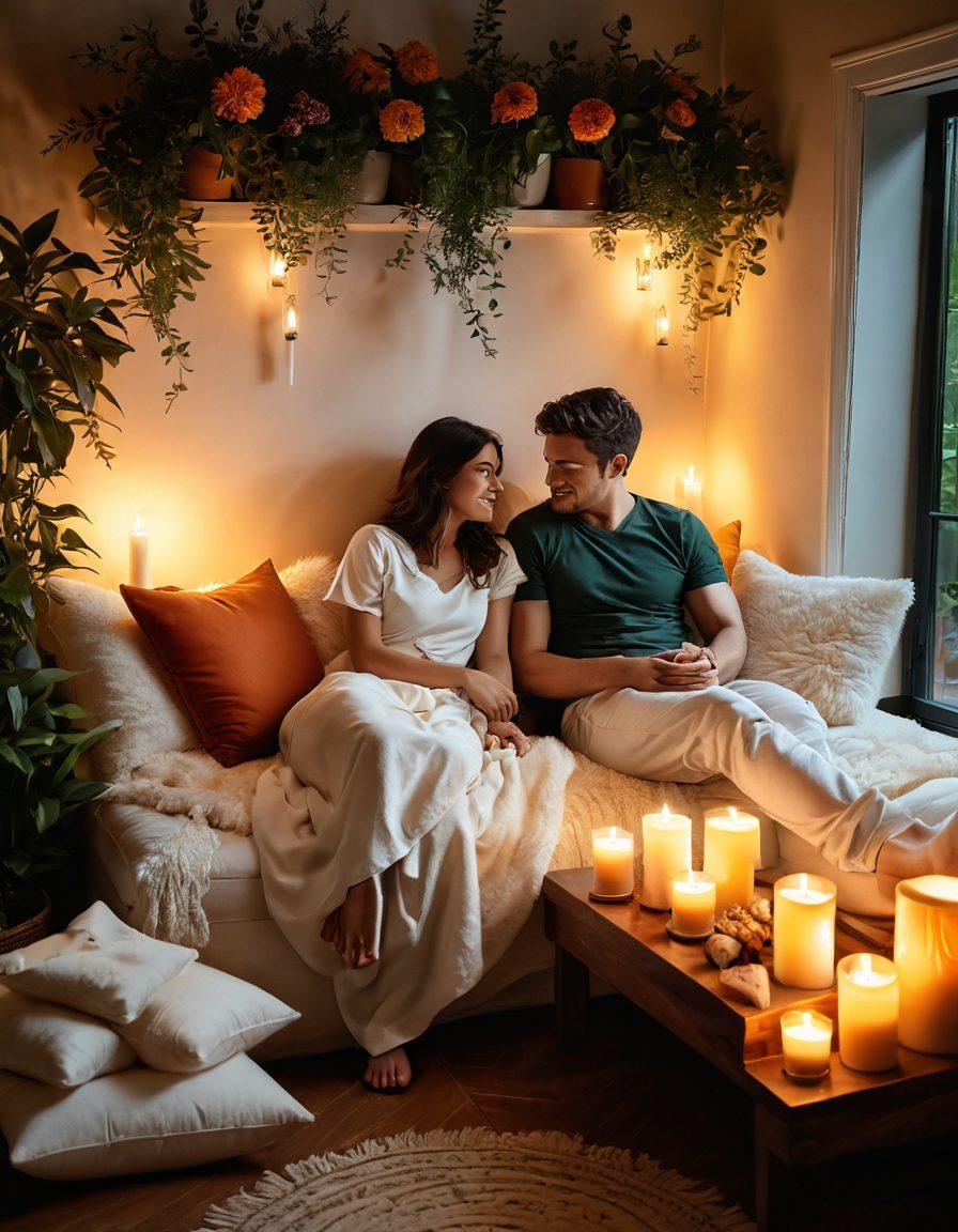 A cozy, softly-lit room adorned with plush cushions, where a couple sits closely, sharing a warm gaze and laughter. Their bodies express tenderness and connection, surrounded by a soft glow of candles and intimate decor. Elements of nature like flowers and greenery subtly enhance the scene, suggesting harmony and joy. A serene, inviting atmosphere beckons viewers to explore the depth of emotional bonds. super-realistic. warm colors. soft focus.