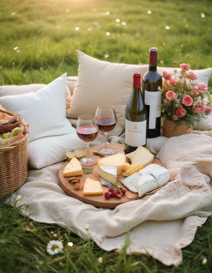 A romantic sunset picnic scene with a couple enjoying a glass of wine, surrounded by soft pillows, fairy lights, and a beautifully arranged cheese platter, set in a lush green meadow filled with flowers. The colors are warm and inviting, highlighting the intimacy of the moment. dreamy and romantic. soft focus. vibrant colors.