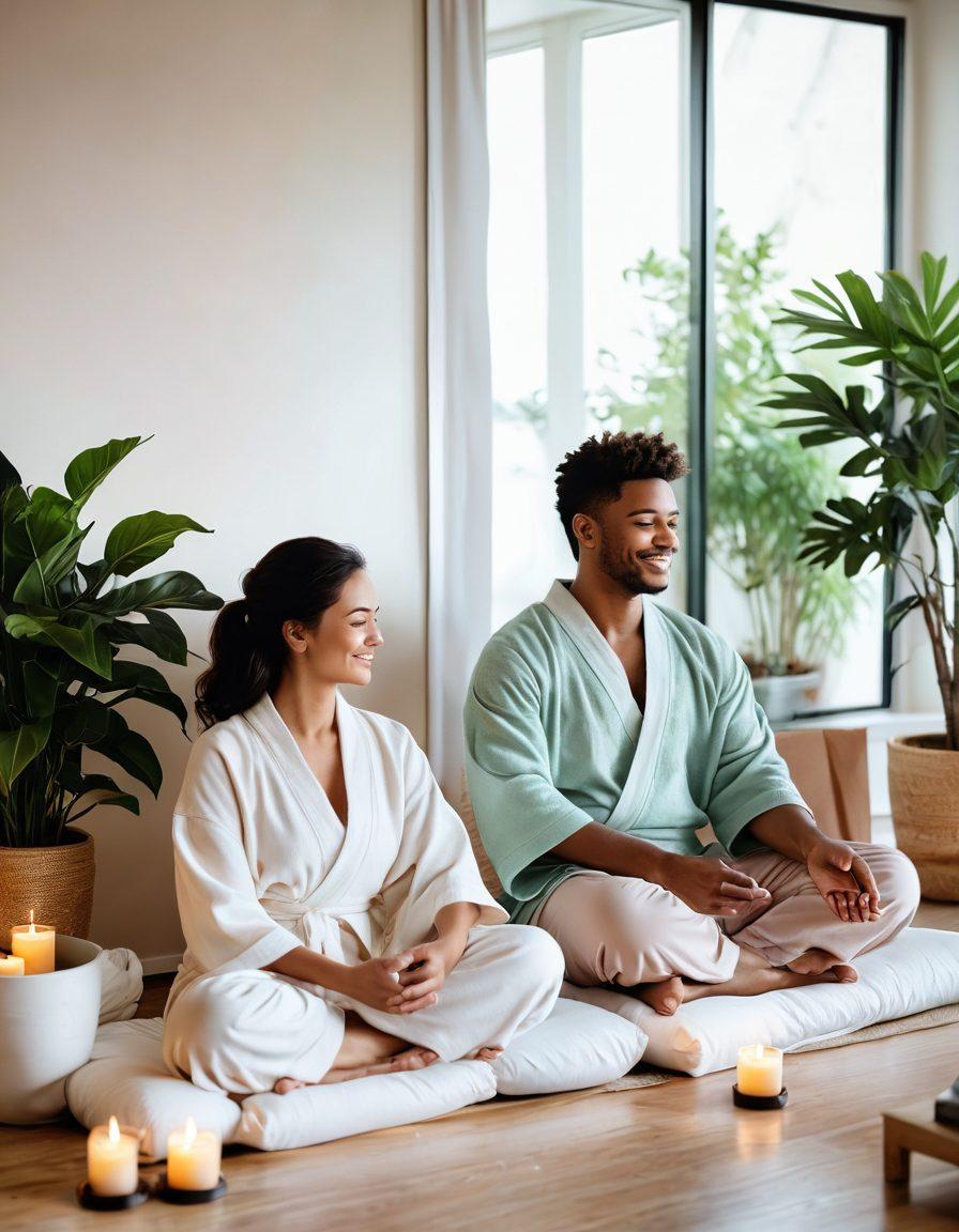 A serene couple sitting together in a cozy, light-filled room, engaging in a relaxing self-care routine, such as sharing a spa experience or meditating. Surrounding them are elements of happiness like soft pillows, aromatic candles, and plants symbolizing growth in their partnership. The mood is warm and inviting, representing intimacy and well-being. pastel colors. soft focus. digital illustration.